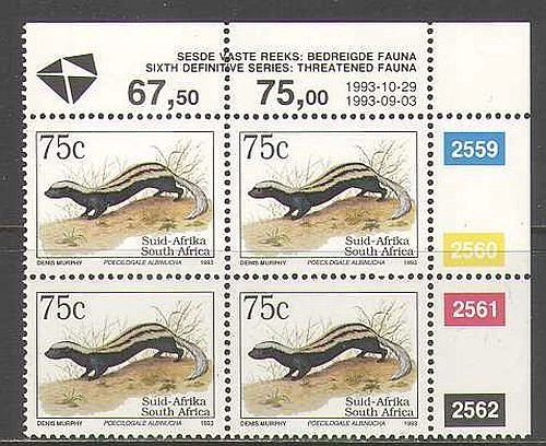 RSA 1993 Weasel/Animals/Nature/Wildlife 1993 rprnt 1v c/b (za10039) - Image 1 of 1
