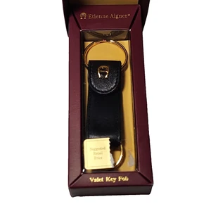 Vintage Etienne Aigner Leder Diener Schlüsselanhänger schwarz goldfarben neu im Karton 4 Zoll - Bild 1 von 9