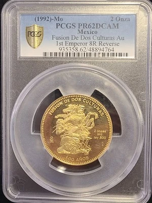 1992 Mexico 2 Ounces Gold Coin Oro Fusion De Dos Culturas Au .500 PCGS PR62DCAM  - Image 1 of 4