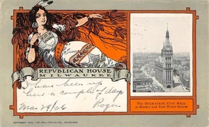 Republican House, Milwaukee, WI City Hall Indian Woman Art Nouveau 1906 Postcard - Picture 1 of 2