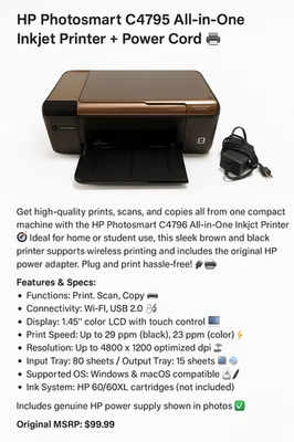 🖨️💼 HP Photosmart C4795 All-in-One Inkjet Printer + Power Cord - USED - 73V🖨️ - Image 1 of 4