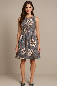 Boden Dress Women 14 Blue Brown Floral Pleated Silk Fit Flare Timeless Business - Foto 1 di 18