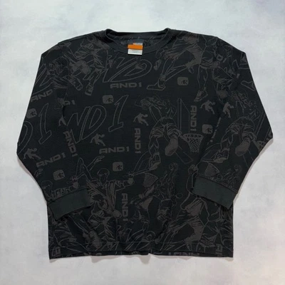 Vintage AND1 Long Sleeve Thermal Shirt Mens L Black AOP Basketball Graphic Y2K - Image 1 of 4