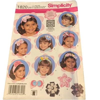 Simplicity 1820 Girls Hair Accessories One Size Uncut Factory Folded - Image 1 of 3