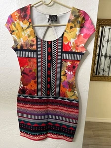 Fire Los Angeles Floral & Geometric Print Bodycon Dress With Keyhole Back SMALL - Picture 1 of 5