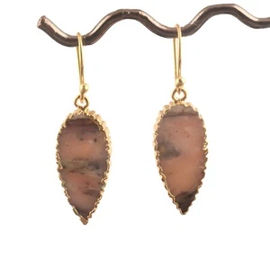Superb Quality Natural Rhodonite Yellow Gold Electroplated Drop Dangle Earrings - Picture 1 of 3