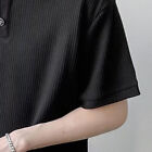 (Black XXL)Turn Down Collar T Shirt Short Sleeve Simple Style Trendy Silky HEE