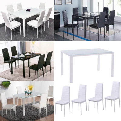 4/6 Seater Faux Leather Dining Chairs Kitchen Rectangular Glass Dining Table Set - Image 1 of 4
