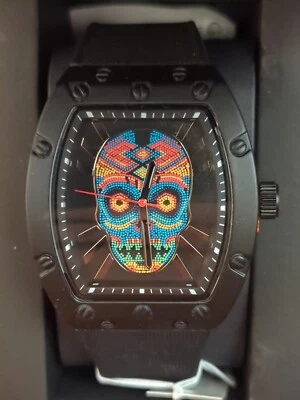 Ed Hardy Men's Beaded Skull Matte Black Silicone Strap Analog 55mm Watch NEW - Image 1 of 4