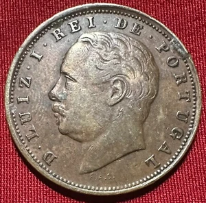 1886 Portogallo 10 riso - Luíz I - bronzo - KM#526 - raro ritrovamento - Foto 1 di 2
