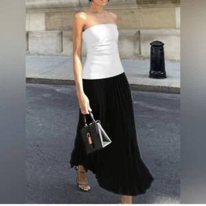 Commense Strapless Two-Tone Maxi Dress Black White Pleated Skirt Satin S NEW - Picture 1 of 14