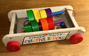 Vintage Fisher Price Wooden Creative Blocks Wagon Some Plastic Blocks #161 - Picture 1 of 8