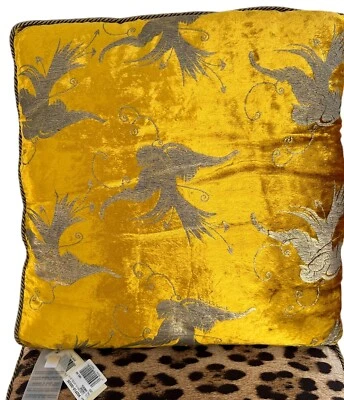 Roberto Cavalli Pillow Square Cushion Silk Velvet Birds Gold Leopard New Tags - Image 1 of 4