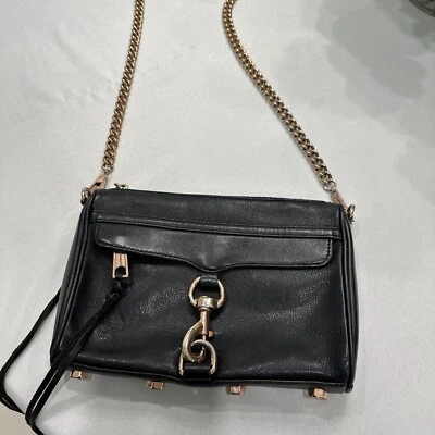 Bolso Bandolera Rebecca Minkoff Mini Mac Cuero Eslabón de Cadena en Negro y Oro Rosa Foto 1 de 4