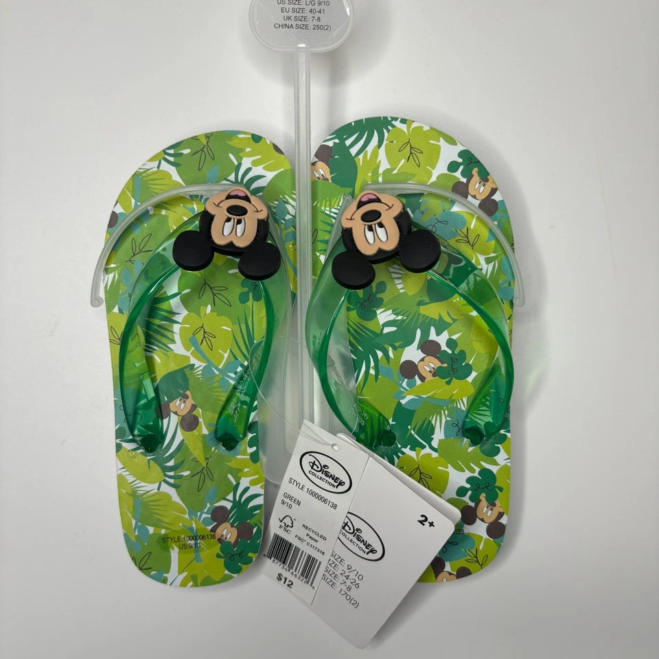 Disney Collection Girls Kids Green Palm Tree Jungle Mickey Mouse Flip Flops Shoe - Image 1 of 1