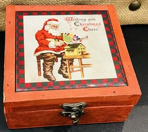 VTG Wishing You Christmas Cheer Set Of Four Coasters In Wooden Latched Box GUC! - Picture 1 of 15