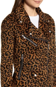 NWT AVEC LES FILLES Fleece Trim Leopard Print Wool Blend Moto Jacket Women's XS - Picture 1 of 4