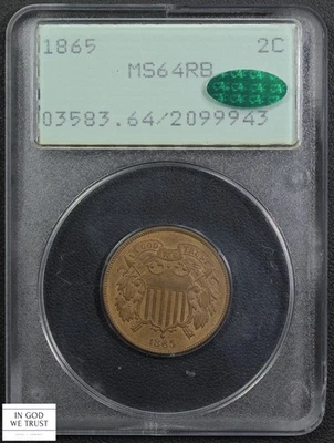 1865 Fancy 5 Red-Brown Copper Two Cent Piece 2C Rattler OGH PCGS MS 64 RB CAC - Image 1 of 4