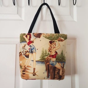 Pin-Up girl Purse Bejeweled Shoulder Bag Tote Vintage Clip Cloth Fabric - Picture 1 of 12