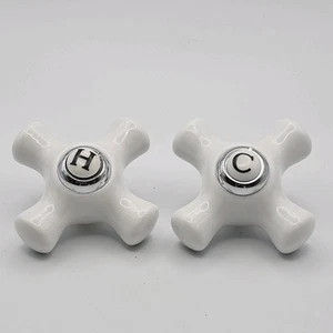 Vintage Porcelain Cross Handle Faucet Knobs – Hot & Cold Set with Brass Inserts - Picture 1 of 9