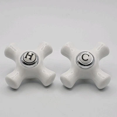 Vintage Porcelain Cross Handle Faucet Knobs – Hot & Cold Set with Brass Inserts - Image 1 of 4