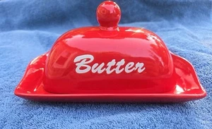 Red Ceramic Glazed Covered Butter Dish 7.5" with Lid White BRAND NEW - Picture 1 of 6