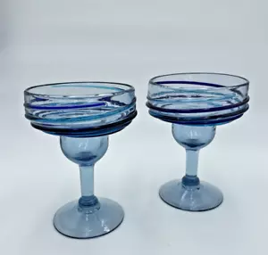 Set Of 2 Hand Blown Raised Surface Blue Swirl 6" Margarita Glasses - Picture 1 of 8