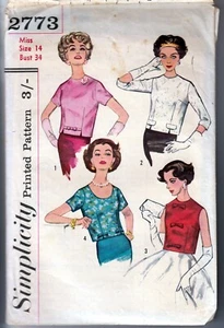 SEWING PATTERN 50s BLOUSES X 4 TO WAIST SLV & NECK OPTS SIMPLCTY 2773 34" M6 - Picture 1 of 2