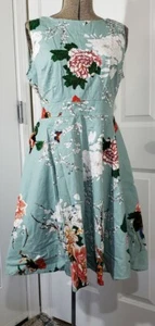 Retro Acevog Pale Green Floral Birds Butterflies Fit Flare Mini Dress Size L - Picture 1 of 5