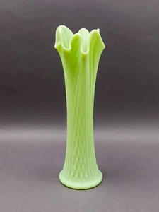 Fenton Custard Vaseline Uranium Lime Green Diamond Ribbed Swung Glass Vase - Picture 1 of 9