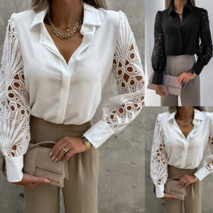 Womens Elegant V Neck Long Sleeve Blouse Shirt Floral Lace Patchwork Lady Tops - Picture 1 of 13