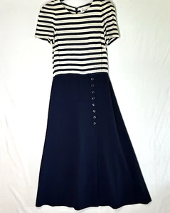 Coastal Chic Maxi Dress Stripe Navy Beige Slit Retro Beach Nautical VTG XS - Picture 1 of 13