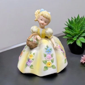 Vintage Lefton Girl Yellow White Dress with Basket KW5154 Spring Summer Floral - Picture 1 of 22
