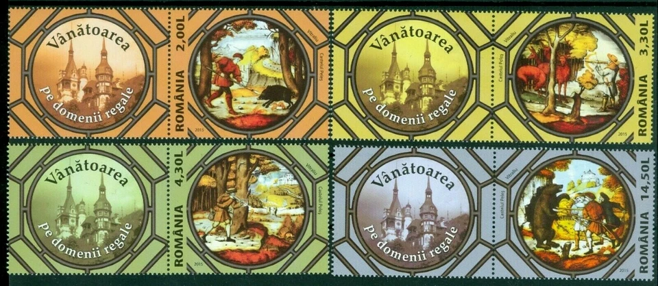 Vitrales reales de caza 2015, ciervo, liebre, jabalí, castillo de Peles, Rumania, M.6994, TAB/L Foto 1 de 1