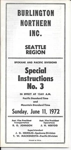 June 11, 1972 BURLINGTON NORTHERN Seattle Region Special Instructions No. 3 - Picture 1 of 3