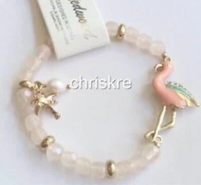 Pulsera Dije Flamenco Rosa Agua Dulce Blanco Perla Palmera Tono Dorado Cuentas Foto 1 de 4