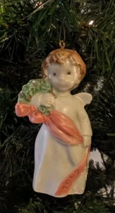 Vintage 1992 KINKA Raecath Enesco PORCELAIN Boy Ornament Figure Christmas Wreath - Picture 1 of 4