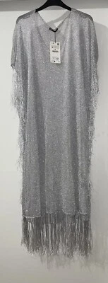VESTIDO ZARA PLATA SEMI TRANSPARENTE CAFTÁN CON FLECOS DE HILO METÁLICO TALLA M NUEVO CON ETIQUETAS Foto 1 de 4