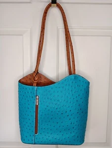 Borse In Pelle Convertible Purse Backpack Teal/Brown Leather Made In Italy EUC - Picture 1 of 8