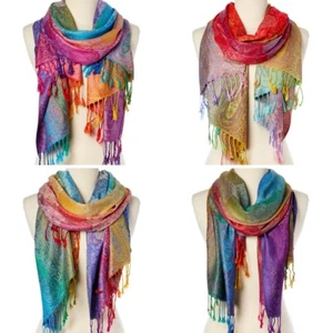 Women Long Rainbow Paisley Silk Blend Pashmina Scarf Wrap Shawl Plaid Cozy Gift - Picture 1 of 38