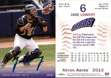 Jake Lowery Signed 2013 Grandstand Akron Aeros #NNO Card Auto AU