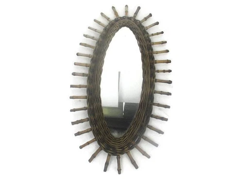 Vintage Oval Rattan Wicker Wall Hanging Mirror Rockabilly Italian Riviera Style Cover