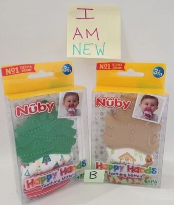 Nuby Happy Hands Holiday Teething Mitten 2 Christmas Tree & Gingerbread Boy New⬇ - Image 1 of 4