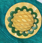 Carved Bakelite Button Brooch Pin Yellow Green Handcrafted 1989 3D Layered