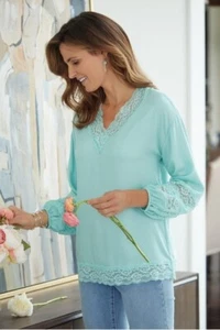 Soft Surroundings Blouse Women Large Long Sleeve Floral Lace V Neck Work Core No - Picture 1 of 1