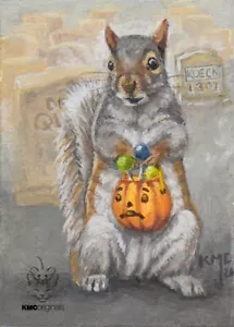 KMCoriginals PRINT Squirrel Halloween cemetery lollipops Reproduction ACEO art - Picture 1 of 1