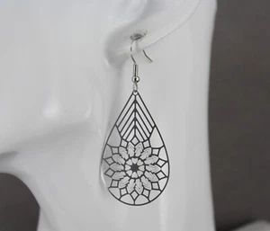 Silver earrings teardrop dangle VERY lightweight filigree 2.25" long sunburst - Picture 1 of 12