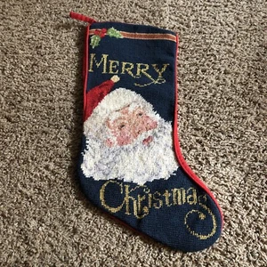 Merry Christmas Santa Stocking Wool Embroidery Needlepoint by hand Cotton Canvas - Picture 1 of 9