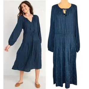 Old Navy Stufen Maxikleid Gr.XL blau Baumwolle bestickt Küste Boho Landhaus - Bild 1 von 12