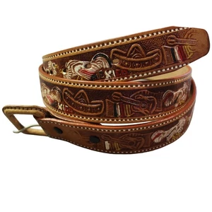 Cinturón Mexicano Cuero Tooled Sombrero Guitarra Diseño Charro Hecho a Mano Western 46" - Imagen 1 de 5